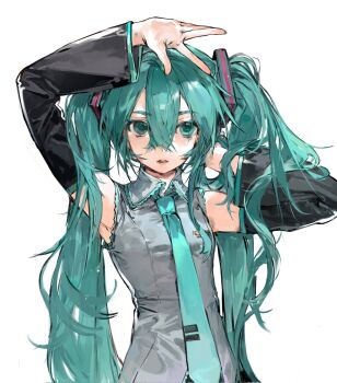 1girl aqua_eyes aqua_eyeshadow aqua_hair aqua_necktie armpits arms_up baifeidaiwang black_sleeves detached_sleeves eyeshadow grey_shirt hair_between_eyes hatsune_miku highres long_hair makeup necktie parted_lips shirt simple_background sleeveless sleeveless_shirt solo twintails upper_body very_long_hair vocaloid white_background