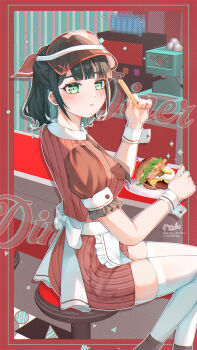 1girl absurdres alternate_costume apron bar_stool black_hair border burger commentary diner dress espresso_machine feet_out_of_frame food french_fries fried_egg frilled_apron frills green_eyes half_updo hat highres holding holding_food indoors lettuce link!_like!_love_live! love_live! medium_hair mochi_tsu22 momose_ginko on_stool outside_border parted_lips plate red_border red_dress red_hat short_dress sidelocks sitting solo stool thighhighs tomato tomato_slice visor_cap waist_apron waitress white_apron white_thighhighs white_wrist_cuffs wrist_cuffs zettai_ryouiki