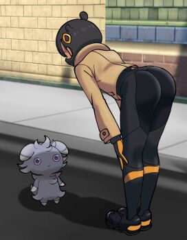 1girl ass black_hair dark-skinned_female dark_skin emma_(pokemon) espurr from_behind gen_6_pokemon gloves head_out_of_frame jacket lahozdelamuerte long_sleeves pavement pokemon pokemon_legends:_z-a shoes short_hair