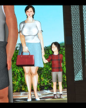 1boy 1girl 2girls age_difference bag black_hair blush breasts child day earrings handbag holding_hands jewelry kill_the_king large_breasts letterboxed mature_female multiple_girls necklace outdoors shirt short_hair shorts skirt