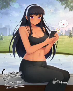 1girl absurdres artist_name bench black_bra black_pants blush bra commission commissioner_upload dark_skin doiparuni highres hunie_(series) huniepop kyanna_delrio long_hair non-web_source pants park park_bench smile sports_bra sportswear text_messaging underwear workout_clothes