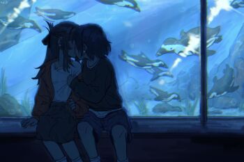 2girls aquarium bird black_sweater blue_hair blue_shorts braid brown_hair commentary earrings grey_skirt hailerp half_up_braid hashtag-only_commentary highres jewelry kiss long_hair medium_hair miyagi_shiori multiple_girls necklace penguin sendai_hazuki shirt shorts shuuniichido_classmate_wo_kau_hanashi sitting skirt sweater white_shirt yuri