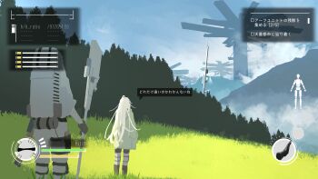 1girl absurdres backpack bag blonde_hair commentary_request forest from_behind grass grasslands highres holding kani_etizen03 long_hair nature original pants ruins scenery sky speech_bubble user_interface