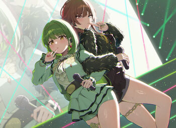 2girls aketa_mikoto back-to-back black_shirt blue_eyes blush bob_cut breasts brown_hair commentary cowboy_shot earpiece earrings finger_to_mouth frilled_jacket frilled_shirt frills fur_jacket gradient_eyes green_hair green_jacket green_nails green_shorts green_skirt grey_skirt height_difference highres holding holding_microphone idolmaster idolmaster_shiny_colors jacket jewelry locked_arms long_hair looking_at_viewer medium_breasts medium_hair microphone multicolored_eyes multicolored_hair multiple_girls nanakusa_nichika red_eyes red_hair red_nails shirt shorts skirt skort stage sweat thigh_strap wanitaroo._(waniwani_panic) white_shirt yellow_eyes