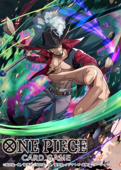 Rule 34 | 1boy, abs, attack, bashikou, beard, black hair, closed mouth, commentary request, copyright name, cross pendant, dracule mihawk, facial hair, hat feather, holding, holding sword, holding weapon, male focus, mustache, official art, one piece, one piece card game, pants, solo, sword, weapon, wind, yellow eyes