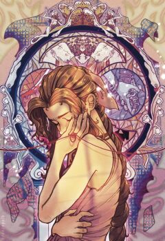 1girl aerith_gainsborough angel_wings armored_gloves bangle bare_shoulders blood bloody_weapon bracelet braid braided_ponytail bronzeyolk brown_gloves brown_hair choker closed_eyes cloud_strife clutching_clothes cross crown dress final_fantasy final_fantasy_vii final_fantasy_vii_rebirth final_fantasy_vii_remake flower furrowed_brow gloves hair_ribbon hand_on_own_cheek hand_on_own_face highres holding_hands interlocked_fingers jewelry lily_(flower) long_hair masamune_(ff7) outstretched_arms parted_bangs pink_dress pink_ribbon ribbon sidelocks single_braid sleeveless sleeveless_dress solo_focus stained_glass string string_of_fate upper_body weapon wings yellow_flower