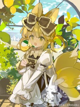 Rule 34 | 1girl, alternate costume, alternate hairstyle, animal bag, animal ears, arknights, blonde hair, bow, bowtie, brown bow, chinese commentary, commentary request, cowboy shot, dress, fence, field, fox ears, fox girl, fox tail, green eyes, hair rings, head bowed, highres, indoors, kitsune, looking at viewer, multiple tails, open mouth, picket fence, plant, rabbit, saucer (saucer752), sleeves past wrists, smile, solo, suzuran (arknights), tail, watermark, weibo watermark, white bow, white bowtie, white dress, window, wooden fence