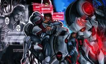 Rule 34 | 2boys, armor, bara, black bodysuit, black hair, blush, bodysuit, call of duty, call of duty: modern warfare 2, english text, facial hair, ghost (modern warfare 2), highres, large pectorals, long hair, male focus, mecha, multiple boys, multiple views, muscular, muscular male, pectorals, robot, smile, twitter username, umikochannart