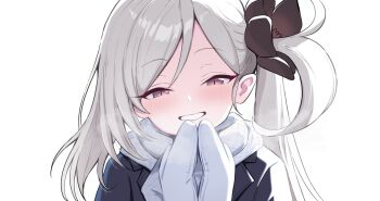 1gen_sinkun 1girl :d alternate_costume backlighting black_coat black_flower blue_archive blush breath coat commentary_request flower grey_hair grin hair_behind_ear hair_flower hair_ornament hands_up long_hair looking_at_viewer mittens mutsuki_(blue_archive) open_mouth own_hands_together red_eyes scarf side_ponytail sidelocks simple_background slit_pupils smile solo straight-on tsurime upper_body white_background white_mittens white_scarf winter_clothes