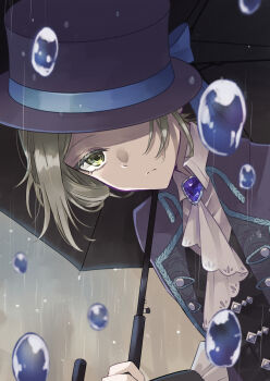 1girl :/ ascot black_coat black_hat black_umbrella blue_bow boater_hat bow coat collared_shirt commentary_request grey_background grey_eyes grey_hair hair_bun hair_over_one_eye hand_up hat hat_bow highres holding holding_umbrella konokikiki leaning_forward looking_at_viewer one_eye_covered rain reverse:1999 shirt short_hair single_side_bun solo umbrella umbrella_over_shoulder upper_body vertin_(reverse:1999) water_drop white_ascot white_shirt