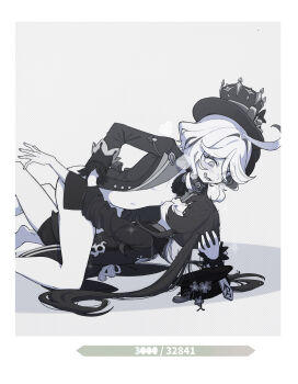 2girls absurdres ahoge ascot assertive_female asymmetrical_gloves bare_legs blazer blush border bottomless breast_sucking breasts breath brooch cheek_bulge chinese_commentary clothed_sex commentary_request curly_hair drooling female_pervert flower forced from_side furina_(genshin_impact) gameplay_mechanics genshin_impact girl_on_top gloves grabbing_another&#039;s_arm grey_background greyscale hair_intakes hat hat_flower head_grab health_bar highres holding_another&#039;s_arm hu_tao_(genshin_impact) huge_ahoge jacket jewelry licking_lips long_hair long_sleeves looking_at_another looking_down lying mismatched_gloves monochrome multiple_girls naked_jacket navel on_side open_clothes open_jacket open_mouth pervert plum_blossoms polka_dot polka_dot_background porkpie_hat profile raised_inner_eyebrows rolling_eyes saliva sanpaku short_hair short_shorts shorts simple_background small_breasts stomach straddling tansuan_n tassel tongue tongue_out top_hat turn_pale twintails unworn_hat unworn_headwear very_long_hair white_border yuri