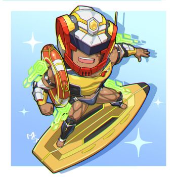 Rule 34 | 1boy, assault visor, bara, barefoot, blue background, buoy, burn scar, chibi, chibi only, drop shadow, from above, gradient background, helmet, live a hero, male focus, muscular, muscular male, musou luf, official alternate costume, open mouth, scar, scar on face, shin guards, signature, solo, sparkle, surfboard, vambraces, victom (dynamic rescue) (live a hero), victom (live a hero), whistle, whistle around neck