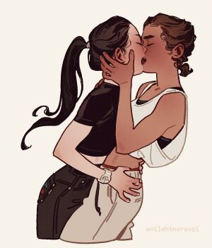 2girls alternate_costume alternate_design alternate_hairstyle artist_name black_hair black_pants black_shirt brown_hair cherry_print closed_eyes cropped_legs cropped_shirt denim enilehtnorevol feng_xin food_print french_kiss from_side fruit_print genderswap genderswap_(mtf) hair_pulled_back hands_on_another&#039;s_hips hands_on_another&#039;s_neck jeans kiss long_hair low_twintails male_underwear male_underwear_peek mole mole_on_arm mole_on_cheek mole_on_forehead mole_on_hip mole_on_neck mu_qing_(tianguan_cifu) multiple_girls open_mouth pants ponytail shirt short_hair short_sleeves short_twintails simple_background sports_bra sweatpants tan tank_top thick_lips tianguan_cifu tight_clothes tight_shirt tongue twintails underwear watch white_background white_nails white_pants white_tank_top wristwatch yuri