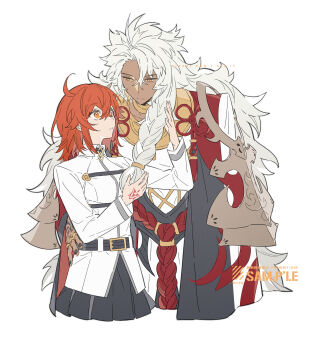 1boy 1girl anchun_(quail0503) armor belt black_belt black_skirt braid breasts chaldea_uniform collared_shirt command_spell commentary commission couple cropped_legs dark-skinned_male dark_skin fate/grand_order fate_(series) fujimaru_ritsuka_(female) hand_on_another's_waist hand_tattoo hetero highres jewelry long_hair long_sleeves looking_at_another looking_up medium_breasts multiple_rings orange_hair ring robe sample_watermark shirt short_hair shoulder_armor simple_background skirt solomon_(fate) surprised symbol-only_commentary tattoo very_long_hair watermark white_background white_hair white_robe white_shirt yellow_eyes