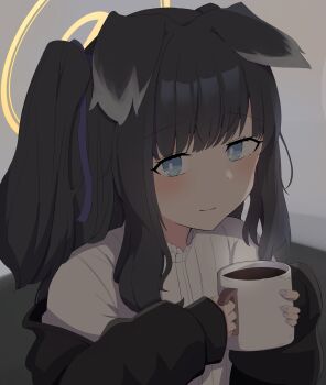 Rule 34 | 1024 tr, 1girl, absurdres, animal ears, black hair, blue archive, blue eyes, coffee, dog ears, dog girl, engineering department (blue archive), halo, hibiki (blue archive), highres, holding, long hair, looking at viewer, solo, yellow halo