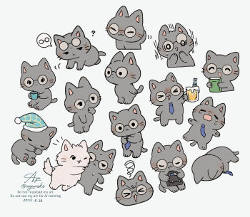 Rule 34 | > <, :<, :3, :d, ?, ^ ^, alcohol, animal, animal focus, ayu (mog), beer, beer mug, blue hat, blue necktie, blush, book, cat, closed eyes, closed mouth, commentary request, cup, eyewear on head, fang, fang out, fish, glasses, grey cat, hat, holding, holding book, holding cup, mug, multiple views, necktie, nightcap, no humans, open mouth, original, round eyewear, signature, simple background, sleeping, smile, solid circle eyes, squiggle, suitcase, surprised, sweat, sweatdrop, tears, twitter username, watermark, white background, white cat