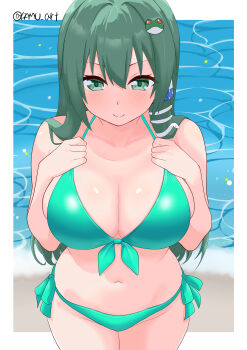 1girl absurdres bare_shoulders bikini blush breasts cleavage collarbone frog_hair_ornament green_bikini green_eyes green_hair hair_ornament hair_tubes highres kochiya_sanae large_breasts long_hair looking_at_viewer navel ocean outdoors pamu_art sand smile snake_hair_ornament solo swimsuit touhou water