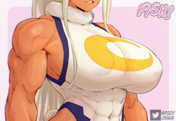 Rule 34 | 1girl, artist collaboration, artist name, bare shoulders, boku no hero academia, border, breasts, clothing cutout, colorized, commentary, covered abs, covered erect nipples, covered navel, crescent print, dark-skinned female, dark skin, english commentary, eyes out of frame, fur collar, head out of frame, highleg, highleg leotard, highres, large breasts, leotard, long hair, mirko, muscular, muscular female, parallaxfused, parted lips, rabbit girl, rabbit tail, solo, tail, tail through clothes, taut leotard, twitter username, very long hair, white border, white hair, white leotard