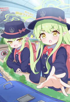 2girls absurdres aged_down backpack bag blue_archive blush fang green_hair green_halo halo hat highlander_railway_academy_logo highres hikari_(blue_archive) indoors looking_at_viewer mikumiku37 multiple_girls nozomi_(blue_archive) randoseru siblings sisters skin_fang train twins twintails yellow_eyes