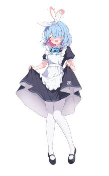1girl absurdres alternate_costume apron arona_(blue_archive) blue_archive blue_bow blue_bowtie blush bow bowtie braid closed_eyes colored_inner_hair commentary hair_over_one_eye hairband highres maid maid_apron multicolored_hair open_mouth pantyhose pink_hair shirayui_(shirakawaui) short_hair short_sleeves simple_background single_braid skirt_hold smile solo white_background white_hairband white_pantyhose