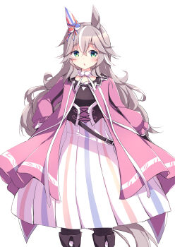 Rule 34 | 1girl, absurdres, animal ears, black pantyhose, blue eyes, blush, boots, breasts, coat, commentary request, corset, ear covers, grey hair, hair between eyes, highres, horse ears, horse girl, horse tail, kanzakietc, long hair, long sleeves, looking at viewer, multicolored hair, open clothes, open coat, pantyhose, parted lips, pink coat, shirt, simple background, single ear cover, skirt, solo, streaked hair, tail, umamusume, white background, white skirt, wonder acute (butterfly sting) (umamusume), wonder acute (umamusume)