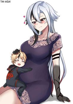 Rule 34 | 1boy, 1girl, arlecchino (genshin impact), black dress, black eyes, black hair, blonde hair, blush, breasts, collarbone, colored extremities, dress, fatui logo, genshin impact, heart, highres, if they mated, large breasts, long hair, mother and son, multicolored hair, pregnant, short hair, signature, symbol-shaped pupils, tian kazuki, white hair, x-shaped pupils