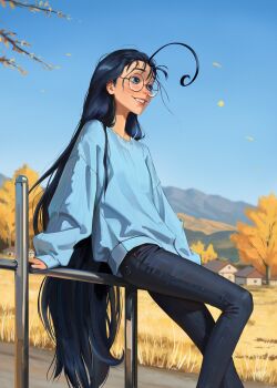 Rule 34 | 1girl, absurdres, ahoge, alternate costume, autumn, black hair, blue eyes, blue shirt, blush, breasts, denim, falling leaves, fangs, freckles, glasses, hellsing, highres, house, jeans, leaf, long hair, outdoors, pants, rip van winkle (hellsing), shirt, sitting, sitting on fence, small breasts, smile, solo, vampire, very long hair, vito mancini