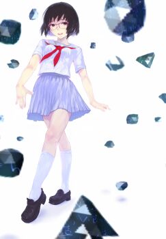 1girl black_gemstone black_hair black_shoes blue_sailor_collar blue_skirt blush bob_cut breasts brown_eyes colored_inner_hair commentary_request crystal fingernails floating floating_object full_body gem glasses head_tilt highres kneehighs loafers looking_at_viewer medium_breasts miniskirt multicolored_hair neckerchief nimirom open_mouth original pink-framed_eyewear plantar_flexion pleated_skirt purple_hair red_neckerchief sailor_collar school_uniform shirt shoes short_hair short_sleeves simple_background skirt smile socks solo standing teeth upper_teeth_only white_background white_shirt white_socks