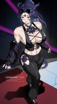 1girl abs absurdres black_jacket black_lips black_shirt black_shoes blue_hair blue_nails blue_scales breasts cleavage clothing_cutout colored_tips commentary commission crop_top cross-laced_clothes cross-laced_top dragon_girl dragon_horns dragon_tail english_commentary eraselia_(coras_velakott) eyewear_on_head final_fantasy final_fantasy_xiv fingernails full_body green_hair high_heels highres hip_vent horns jacket jacket_partially_removed large_breasts multicolored_hair multiple_horns navel no_bra open_clothes open_jacket original park_ongjol parted_lips ponytail red_eyes sharp_fingernails shirt shoes sleeveless sleeveless_shirt slit_pupils solo standing sunglasses tail toned toned_female tsurime two-tone_hair warrior_of_light_(ff14) watermark