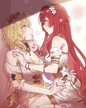 2girls aglaea_(honkai:_star_rail) blue_eyes breast_tattoo breasts cleavage dress gold_tattoo green_eyes hand_on_another&#039;s_cheek hand_on_another&#039;s_face highres honkai:_star_rail honkai_(series) jewelry large_breasts laurel_crown long_hair looking_at_another multiple_girls pointy_ears red_hair red_nails ring smile sorimachi-doufu tattoo tribios_(honkai:_star_rail) very_long_hair white_dress yuri