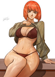 Rule 34 | 1girl, arm support, artist name, bikini, breasts, brown eyes, cleavage, clothes lift, gell0829, highres, large breasts, legs, lifting own clothes, looking at viewer, mature female, mcdonald&#039;s, navel, orange hair, orange lips, red bikini, short hair, sitting, smile, sweater, sweater lift, swimsuit, thighs, yoru mac