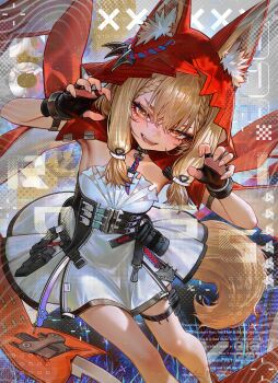 1girl absurdres ammunition_pouch animal_ear_fluff animal_ears arknights arknights:_endfield black_gloves blonde_hair brown_eyes cape commentary dress fangs fingerless_gloves gloves highres long_hair looking_at_viewer nekoya_(nekodayo_22) open_mouth paw_pose pouch red_cape rossi_(arknights) sidelocks solo tail teeth thigh_strap white_dress wolf_ears wolf_girl wolf_tail