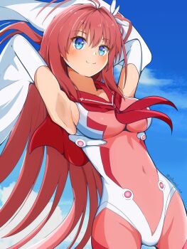 Rule 34 | 1girl, antenna hair, ao no kanata no four rhythm, armpits, arms behind head, blue eyes, blue sky, blush, bodysuit, breasts, closed mouth, clothing cutout, cloud, commentary request, cowboy shot, day, detached sleeves, dutch angle, hair between eyes, hair intakes, hair ornament, highres, impossible bodysuit, impossible clothes, kurashina asuka, large breasts, long hair, long sleeves, looking ahead, navel cutout, neckerchief, one side up, outdoors, pink bodysuit, pink hair, red neckerchief, red sailor collar, sailor collar, sky, smile, solo, sora umi ao, split mouth, twitter username, very long hair, wide sleeves, wing hair ornament
