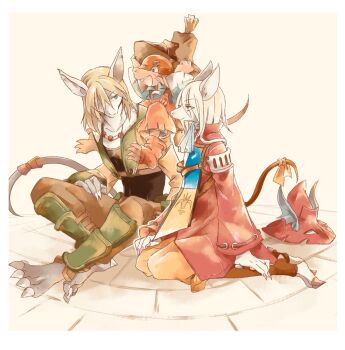 Rule 34 | 1girl, 2boys, acorn, animal ears, armor, ascot, blue ascot, brown pants, buck teeth, burmecian, carrying, clawed feet, claws, coat, cobblestone, final fantasy, final fantasy ix, fratley, freya crescent, full body, grey hair, hair over one eye, helmet, highres, jewelry, kneeling, looking at viewer, mouse boy, mouse ears, mouse girl, mouse tail, multiple boys, necklace, orange pants, pants, piggyback, puck (ff9), red coat, red helmet, ribbon, shoulder armor, sitting, smile, sososohran, tabard, tail, tail ornament, tail ribbon, teeth, unworn headwear, unworn helmet, winged helmet