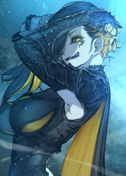 1girl black_hair black_sclera black_tongue blonde_hair breasts cape claws colored_sclera elbow_gloves facial_mark from_side gloves hair_over_one_eye hands_on_own_head hide_(hideout) highres large_breasts licking_lips long_hair multicolored_hair original solo tongue tongue_out two-tone_hair yellow_eyes