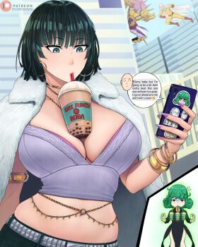 Rule 34 | 2boys, 2girls, absurdres, armlet, armor, bald, belt, black dress, bodysuit, boots, bracelet, breast envy, breasts, bubble tea, bubble tea challenge, building, cape, cellphone, city, commentary, crop top, cup, curly hair, day, dismaiden, disposable cup, dress, drinking, drinking straw, earrings, english commentary, english text, fake phone screenshot, fake screenshot, fubuki (one-punch man), gloves, gold armlet, gold bracelet, gold earrings, gold necklace, green eyes, green hair, highres, holding, holding phone, hoop earrings, jewelry, large breasts, lord boros, matching hair/eyes, multiple boys, multiple girls, navel, necklace, one-eyed, one-punch man, outdoors, phone, pink hair, purple nails, purple shirt, red footwear, red gloves, saitama (one-punch man), shirt, siblings, sisters, smartphone, spiked armor, spiked hair, spikes, studded belt, superhero costume, tatsumaki, telekinesis, white cape, yellow bodysuit