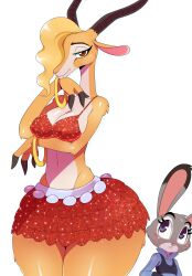 2015 2girls absurdres arm_under_breasts ass blonde_hair body_fur bracelet breasts brown_eyes cleavage covered_erect_nipples curvy disney eric_lowery eyebrows eyelashes female_focus furry furry_female gazelle gazelle_(zootopia) highres huge_ass jewelry judy_hopps large_breasts long_body long_neck multiple_girls narrow_waist navel one_eye_covered personification purple_eyes rabbit red_skirt simple_background size_difference skirt stomach thick_thighs thighs white_background wide_hips zootopia