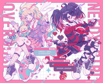 2girls :d ahoge ame-chan_(needy_girl_overdose) black_choker black_eyes black_hair black_shoes black_skirt black_sweater black_thighhighs blonde_hair blue_bow blue_eyes blue_hair bow candy cellphone character_doll choker chouzetsusaikawa_tenshi-chan cursor doll dual_persona fishnet_socks fishnets food hair_bow hair_over_one_eye hairband holding holding_candy holding_food holding_lollipop holding_phone jacket lollipop long_hair multicolored_hair multiple_girls multiple_hair_bows needy_girl_overdose open_mouth phone pink_bow pink_hair pink_skirt plaid_clothes plaid_skirt purple_bow purple_hair purple_jacket red_sweater shoes skirt smile socks striped_clothes striped_sweater sweater tank_top thighhighs torn_clothes torn_thighhighs twintails white_hairband white_tank_top window_(computing) yumenouchi_chiharu