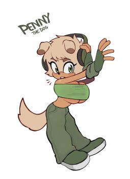 1girl absurdres adjusting_headphones animal_ears breasts bu55top character_name dog_ears dog_girl dog_tail english_text fingerless_gloves full_body furry furry_female gloves green_eyes green_gloves green_pants green_shoes green_tube_top highres large_breasts original pants penny_the_dog shoes solo sonic_(series) strapless tail tube_top