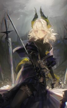 1girl absurdres arknights asymmetrical_dual_wielding black_pantyhose black_shirt breasts cross_scar dress dual_wielding frilled_dress frills gloves grey_gloves grey_sky gun handgun head_wings highres holding holding_gun holding_sword holding_weapon irene_(arknights) irene_(the_adjudicatrix_and_her_resolve)_(arknights) layered_sleeves long_sleeves neema_(oneemasan) off-shoulder_dress off_shoulder pantyhose planted planted_sword planted_weapon purple_dress scar scar_on_face shirt short_over_long_sleeves short_sleeves simple_bird sky solo sword thigh_strap turtleneck turtleneck_shirt weapon white_hair wings