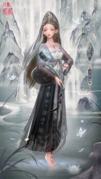 1girl 3d artist_request barefoot_sandals_(jewelry) black_dress black_flower black_nails brown_hair bug butterfly chinese_clothes chinese_text circlet closed_mouth commentary day dress earrings english_commentary expressionless eyeshadow feet floral_print flower fog forehead full_body glowing grass grey_eyes grey_robe grey_veil hair_ornament half-closed_eyes high_ponytail highres holding holding_flower insect jewelry lipstick long_dress long_hair looking_down lotus makeup nail_polish necklace nikki_(series) official_art outdoors petals ponytail red_eyeshadow red_lips reflection reflective_liquid robe rock see-through_robe shining_nikki solo standing standing_on_liquid stone_lantern strapless strapless_dress tassel third-party_source toenails toes translation_request veil very_long_hair water waterfall white_butterfly white_flower