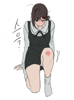 Rule 34 | 1girl, averting eyes, bad id, bad twitter id, black dress, black ribbon, blush, breasts, chainsaw man, closed mouth, dress, from above, full body, hair ornament, hairclip, higashiyama kobeni, knee up, korean text, long sleeves, neck ribbon, no nose, non-web source, paldu g, panties, panty peek, ribbon, scratches, shirt, shirt under dress, short dress, simple background, single sidelock, small breasts, socks, solo, translation request, underwear, unkempt, white background, white panties, white shirt, white socks