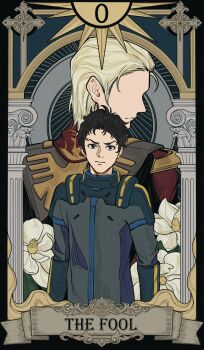 2boys arms_at_sides black_bodysuit black_eyes black_hair blonde_hair bodysuit card_(medium) char&#039;s_counterattack char_aznable commentary_request faceless faceless_male flower flower_request gundam gundam_hathaway&#039;s_flash hathaway_noa highres looking_at_viewer male_focus mecha_pilot_suit mikazuki121410 multiple_boys neo_zeon normal_suit_(gundam) short_hair spacesuit tarot tarot_(medium) white_flower