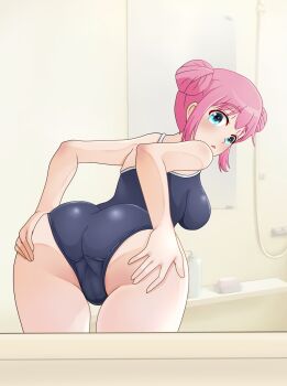 1girl ass ass_focus ass_lift bathroom bent_over blue_eyes blue_one-piece_swimsuit bocchi_the_rock! breasts cameltoe commentary_request crotch_seam double_bun from_behind gotoh_hitori hair_bun highres hishikawakaku indoors looking_at_viewer looking_back medium_breasts mirror one-piece_swimsuit parted_lips pink_hair school_swimsuit short_hair solo swimsuit thighs