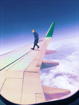 1boy aircraft airplane airplane_wing arms_behind_back black_pants black_shoes blonde_hair blue_jacket chi.:_chikyuu_no_undou_ni_tsuite cloud cloudy_sky flying highres jacket looking_outside male_focus open_mouth pants parted_bangs rafal_(chi.) shoes short_hair sky smile solo sukidesuu window