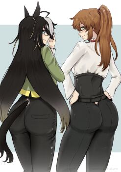 2girls animal_ears ass black_corset black_hair black_pants brown_hair closed_mouth commentary commission corset cosplay costume_switch crossover dream_journey_(umamusume) dream_journey_(umamusume)_(cosplay) eiyuu_densetsu english_commentary from_behind glasses green_eyes hands_on_own_hips high_ponytail highres horse_ears horse_girl horse_tail kuro_no_kiseki kuro_no_kiseki_(series) kuro_no_kiseki_ii long_hair looking_at_viewer multiple_girls pants ponytail smile standing tail towa_herschel towa_herschel_(cosplay) umamusume very_long_hair vialnite