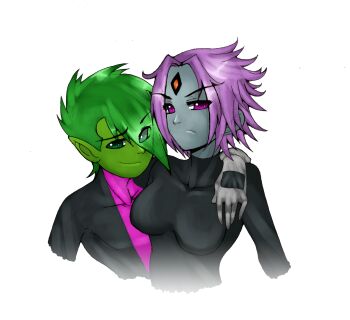 1boy 1girl beast_boy_(dc) bindi colored_skin couple dc_comics green_eyes green_hair green_skin grey_skin highres purple_eyes purple_hair raven_(dc) teen_titans