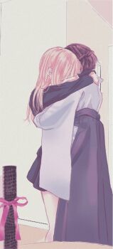 Rule 34 | 2girls, black hair, blonde hair, blue shirt, blue skirt, character request, commentary request, covered face, diploma tube, graduation, hair bun, hug, indoors, kawakami shion, kono hito kurai otona ni nattara, long hair, long skirt, long sleeves, multiple girls, mutual hug, shirt, skirt, standing, straight hair, white shirt