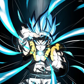 1boy abs bare_shoulders black_background black_vest blue_eyes blue_hair cowboy_shot cropped_vest dragon_ball dragon_ball_super dragon_ball_super_broly energy_ball gogeta highres kamehameha_(dragon_ball) male_focus medium_hair metamoran_vest momin_3180 muscular muscular_male open_clothes open_vest powering_up simple_background solo spiked_hair vest