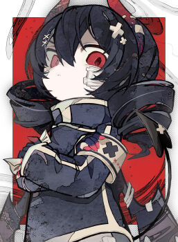 1girl absurdres armband black_hair border closed_mouth crossed_arms demon_girl demon_horns demon_tail drill_hair gauze gauze_on_cheek grey_jacket hair_between_eyes hair_ornament high_collar highres horns jacket long_hair long_sleeves looking_at_viewer original outside_border red_background red_eyes solo soresaki tail twin_drills upper_body variant_set white_border x_hair_ornament